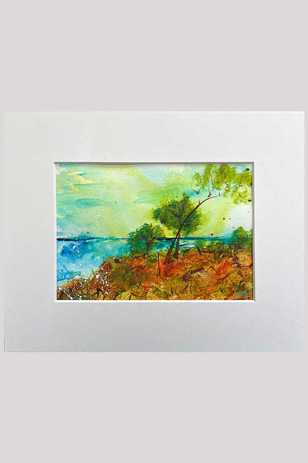 Colorful original abstract seascape painting of trees on a cliff, scenery inspired by Torrey Pines natural park size 5x7 inch - Beautiful Day in Torrey Pines