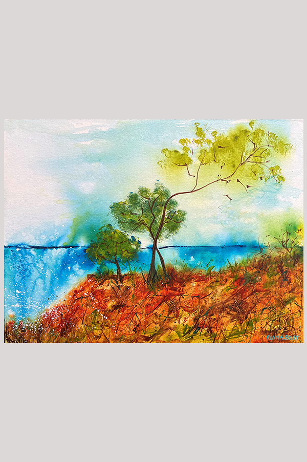Colorful original abstract seascape painting of trees on a cliff, scenery inspired by Torrey Pines natural park on canvas panel - Beautiful Day in Torrey Pines