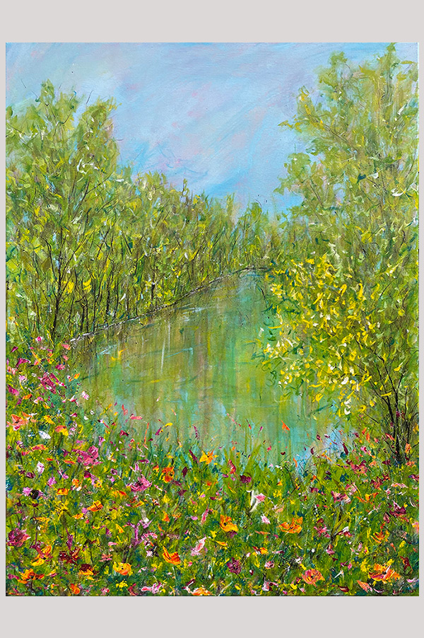 Original impressionistic abstrac floral landscape painting with trees reflecting in the water on gallery wrapped canvas size 30 x 40 inches - A Little Bird's Whisper