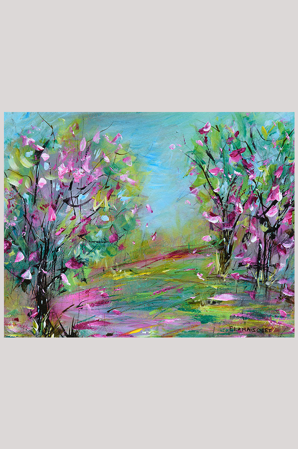 Original impressionist spring landscape painting with cherry blossoms hand painted with acrylics on watercolor paper size  8 x 10 inch and mounted in a mat size 11 x 14 inch - Blossom Valley