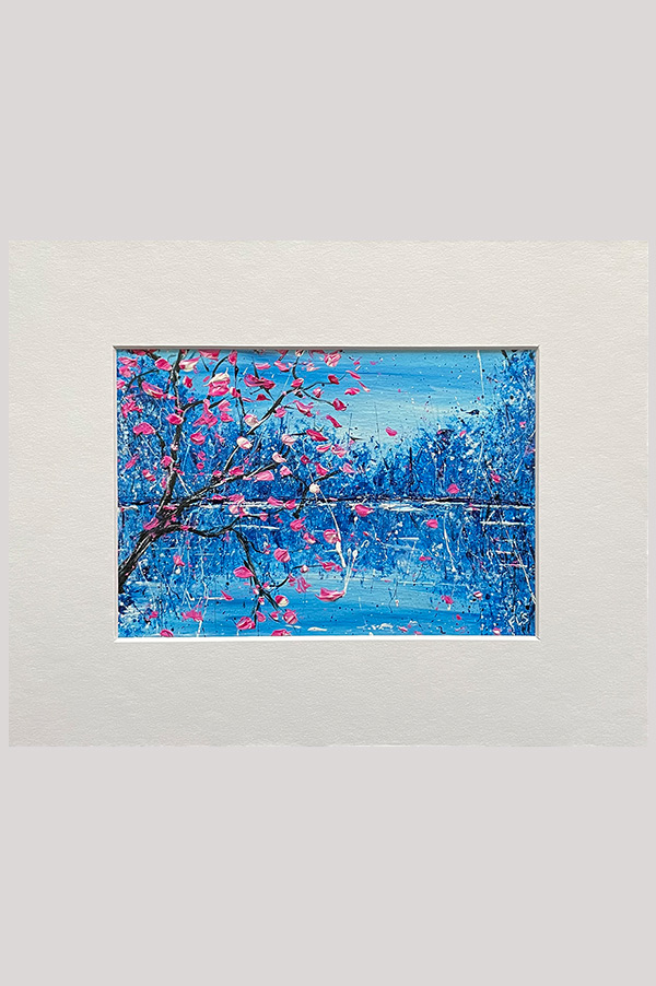 Blue and pink original abstract landscape painting of cherry blossoms and trees reflecting in a lake, painted on watercolor paper and mounted in a mat - Blossoms By The Lake