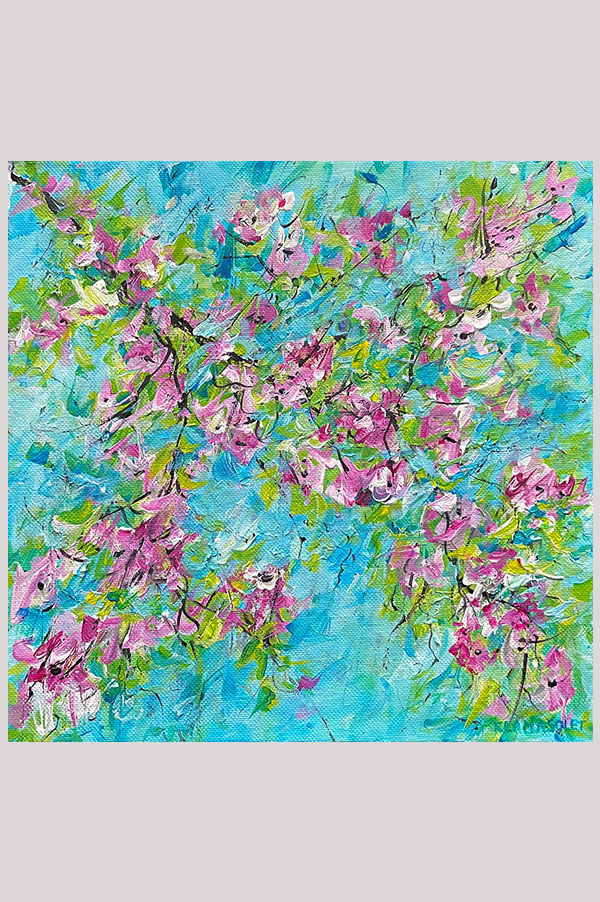 Original turquoise and pink abstract floral acrylic painting of cherry blossoms on stretched canvas size 10 x 10 inches - Blossoms