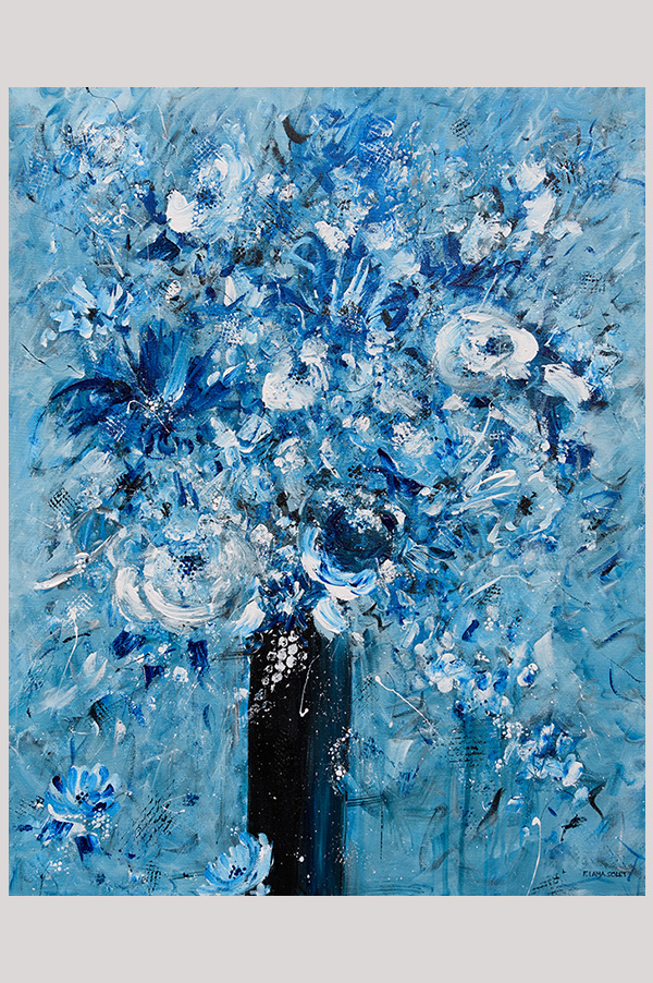 Original impressionist painting of a monochromatic blue bouquet in a vase hand painted with acrylics on a gallery wrapped canvas size 24 x 30 inches - Blue Bouquet