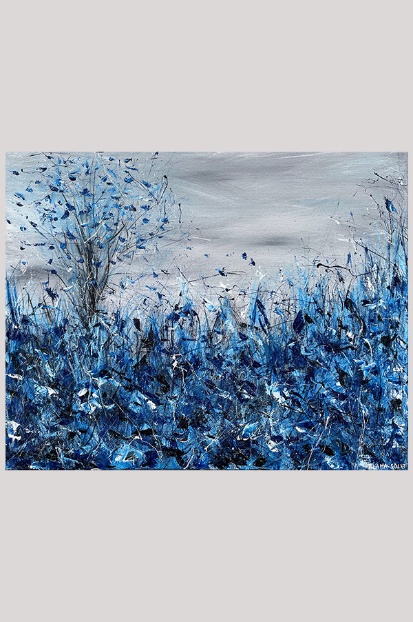 Original monochromatic abstract landscape painting of trees and blue wildflowers in the meadows on stretched canvas size 20 x 16 inches in the shades blue, black, grey and white - Blue Dance
