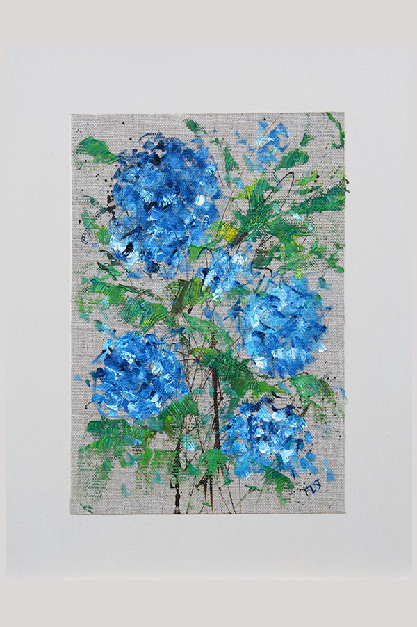 Original minimalist floral oil painting done on a linen canvas sheet and mounted on a painted wood panel size 9 x 12 inch - Blue Hydrangeas