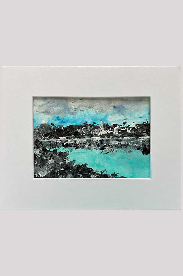 Original teal and black abstract landscape painting on watercolor paper size 7 x 5 inch - Blue Lagoon 1 - Iceland Series