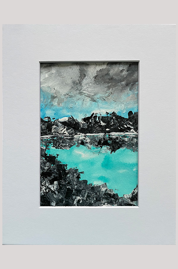 Original teal and black abstract landscape painting on watercolor paper size 5 x 7 inch - Blue Lagoon 2 - Iceland Series