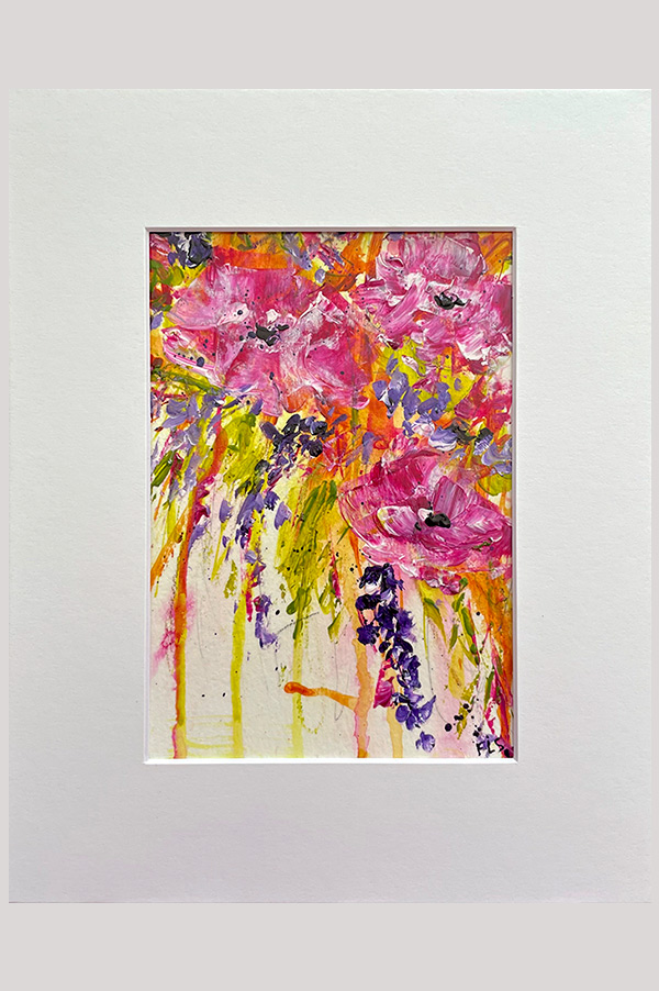 Original colorful abstract floral acrylic painting on watercolor paper size  5 x 7 inch and mounted in a mat size 8 x 10 inch - Bohemian Bouquet 1