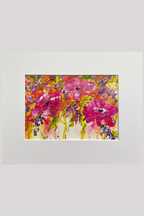 Original colorful abstract floral acrylic painting on watercolor paper size  7 x 5 inch and mounted in a mat size 10 x 8 inch - Bohemian Bouquet #2