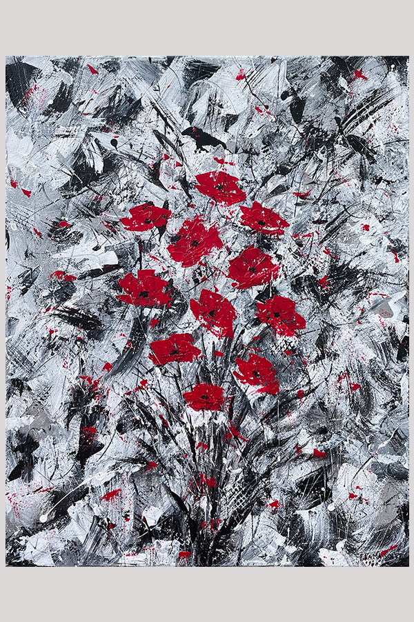Black, white and red original abstract floral painting with red poppy flowers hand painted with acrylics on a stretched canvas size 16 x 20 inch - Bouquet de Coquelicots