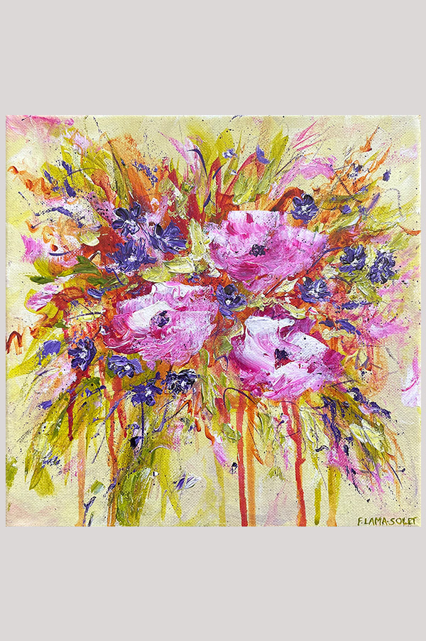 Original colorful abstract floral acrylic painting on stretched canvas size 10 x 10inch - Bouquet de Fleurs
