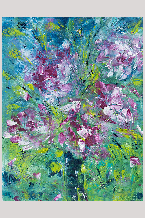 Original mixed media impressionist floral painting of a peony bouquet in a vase done with oil and cold wax on oil paper - Bouquet de Pivoines