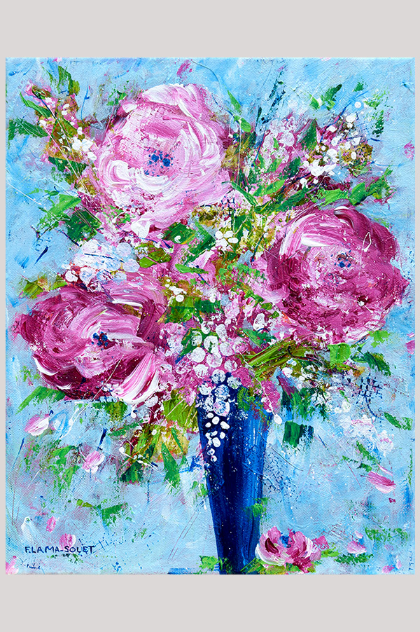 Original colorful impressionist of a pink bouquet of flowers in a vase on blue background painted on stretched canvas size 11 x 14 inches - Bouquet de Roses