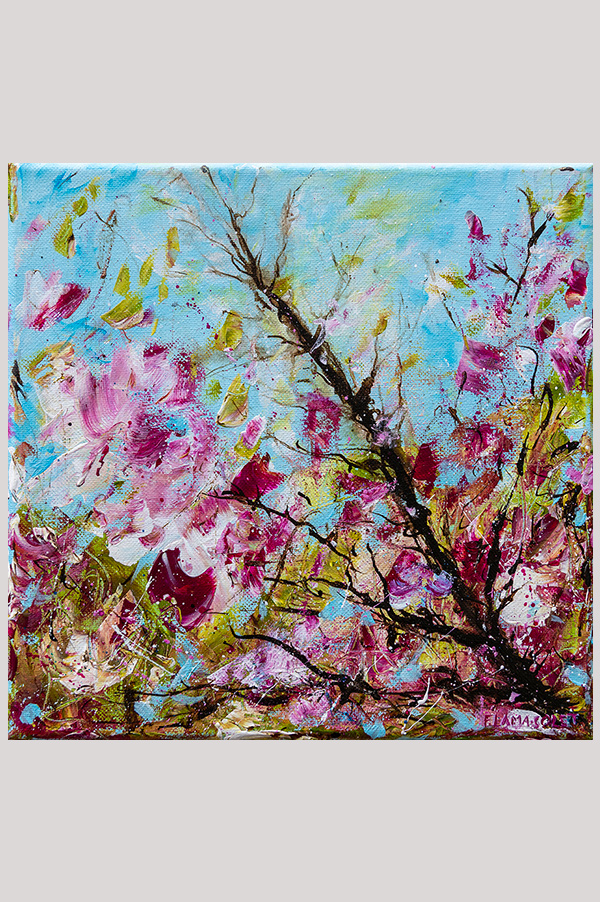 Original contemporary impressionist floral artwork hand painted with acrylics on a stretched canvas size 10 x 10 inches - Broken Tree