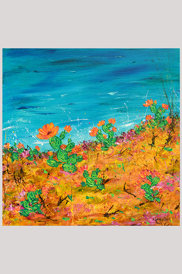 Colorful original abstract floral seascape painting with blooming cactuses and ocean view inspired by the California coast on gallery wrapped canvas size 16 x 16 inches - Cactus Blooms on Ocean Trails