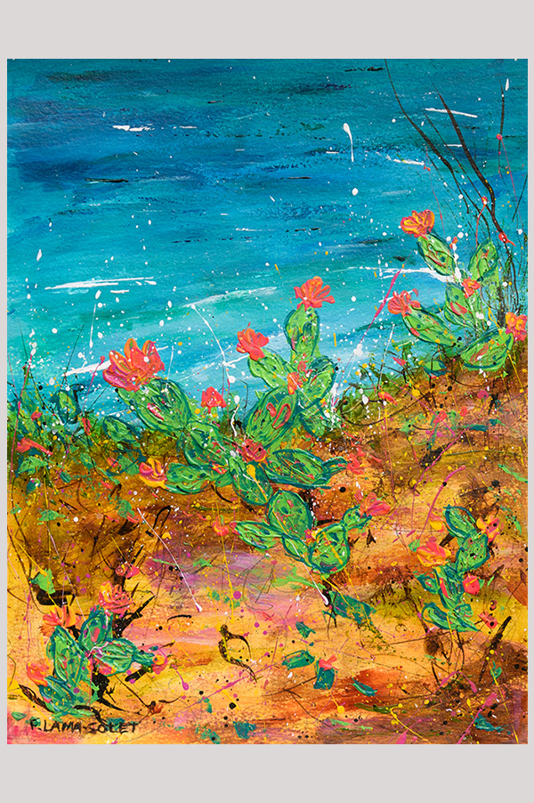 Colorful original abstract floral seascape painting inspired by the California Coast on watercolor paper size 10.5 x 8 inch - Cactus Blooms on Ocean Trail #3