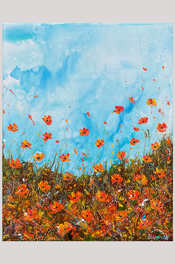 Colorful original abstract floral landscape painting of California poppy flowers on stretched canvas size 11 x 14 - California Bloom