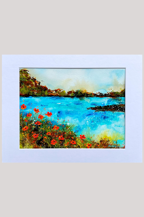 Colorful original abstract floral seascape painting with California poppy flowers on watercolor paper size 10.5 x 8 inch - California Shore
