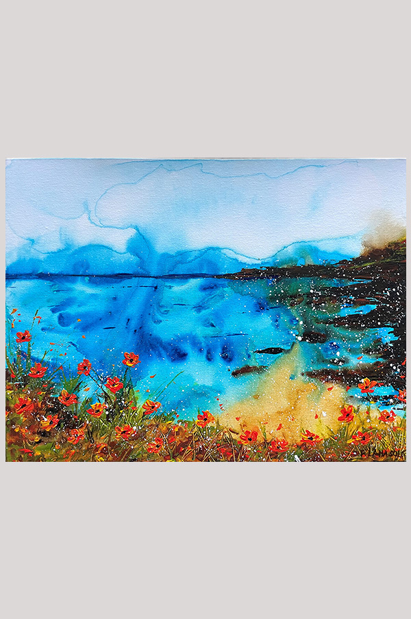 Colorful original abstract floral seascape painting with California poppy flowers on canvas panel size 12x9 inch - California Shore