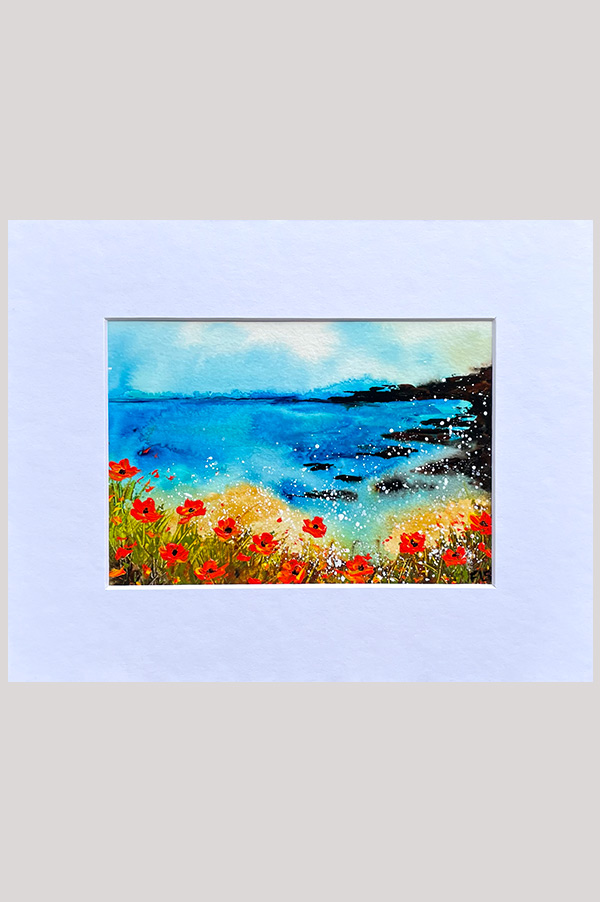 Colorful original abstract floral seascape painting with California poppy flowers on watercolor paper size 6x4 inch - California Shore