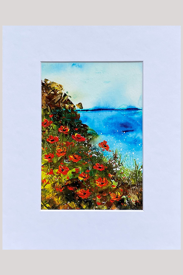 Colorful original abstract floral seascape painting with California poppy flowers on watercolor paper size 4x6 inch - California Shore
