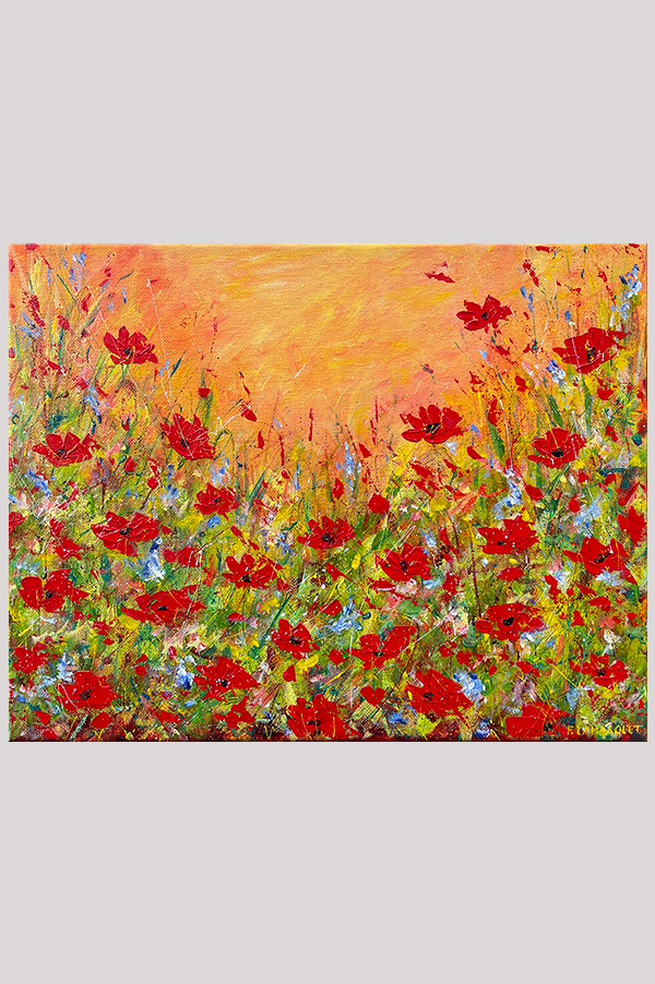 Original impressionist landscape floral painting of a sunset over a red poppy flower field on stretched canvas size 14 x 11 inch - Champs de Coquelicots