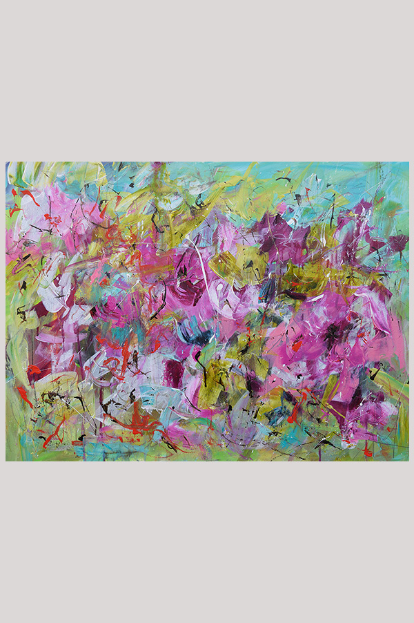 Original intuitive expressive abstract floral painting done with acrylics on watercolor paper size 18 x 24 inches - It's Chaos in my Garden