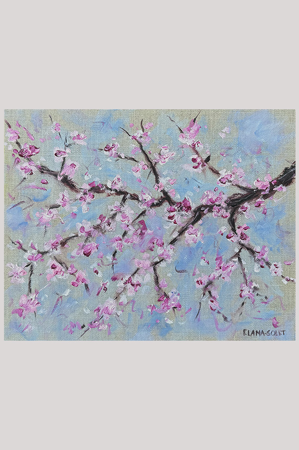 Original minimalist floral oil painting done on a linen canvas panel size 8 x 10 inch - Cherry Blossoms