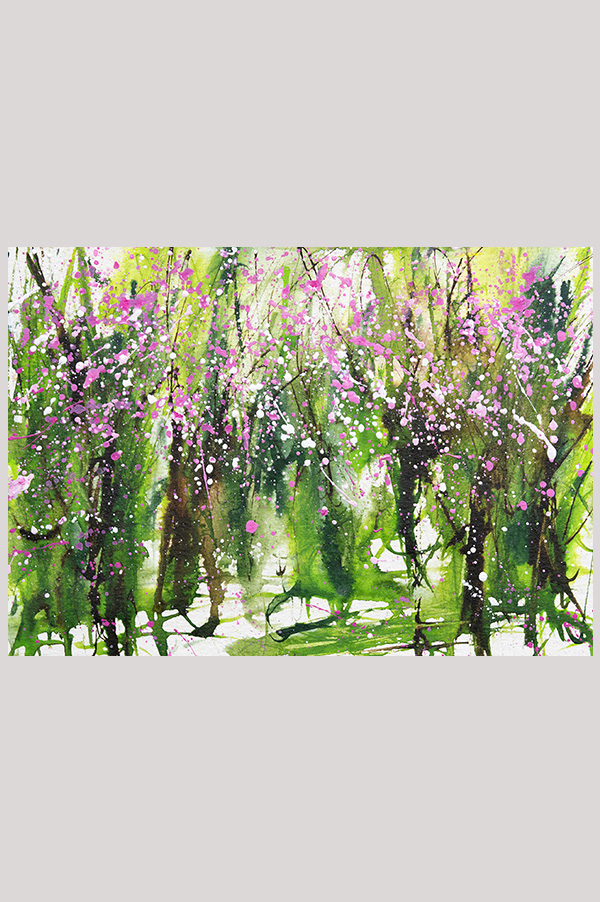Original colorful loose abstract landscape floral painting of cherry blossoms in full bloom hand painted with acrylics on watercolor paper size  7 x 5 inch and mounted in a mat size 10 x 8 inch - Cherry Blossoms