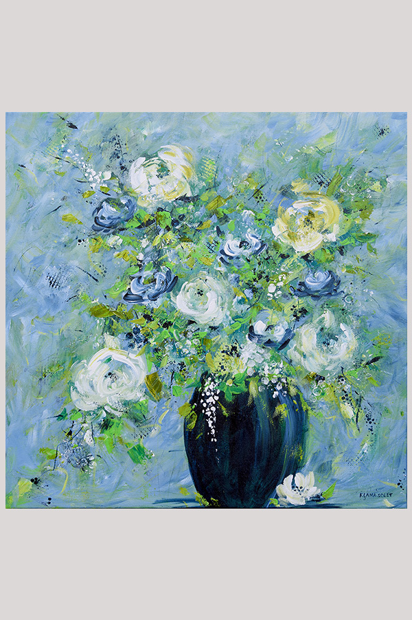 Colorful Original contemporary impressionist painting of flowers in a vase  hand painted with acrylics on a gallery wrapped canvas size 20 x 20 inches - Clair de Lune