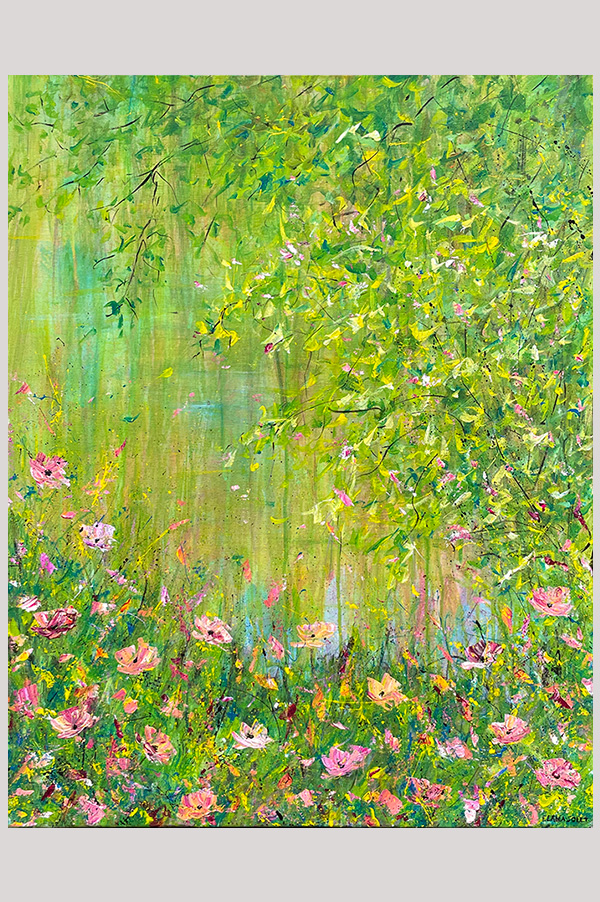 riginal impressionist abstract floral landscape painting with trees reflecting in the water on gallery wrapped canvas size 22 x 28 inches - Un Petit Coin de Paradis