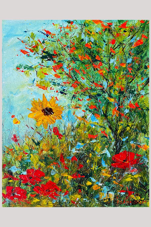 Original acrylic impressionist floral landscape painting on watercolor paper - My Cousin's Garden
