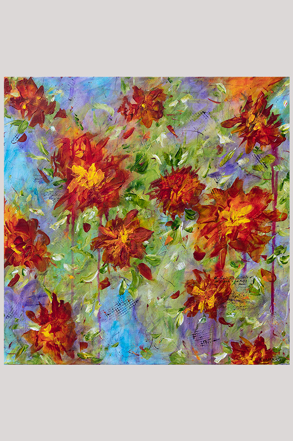 Colorful Original contemporary abstract floral artwork hand painted with acrylics on a gallery wrapped canvas size 20 x 20 inches - Crimson Dance