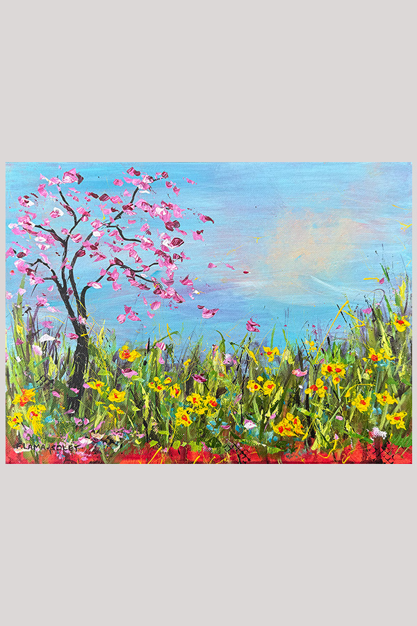 Original impressionist landscape painting of blooming daffodils and a cherry blossom tree on canvas panel size 9 x 12 inches - It's Daffodil Season!