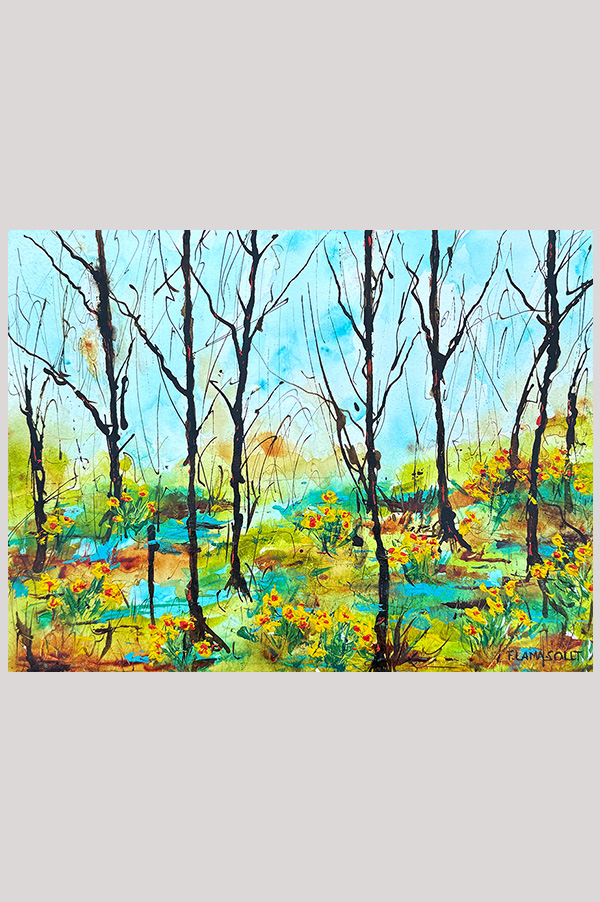 OOriginal loose impressionist landscape painting of swamps with blooming daffodils hand painted with acrylics on watercolor paper size  8 x 10 inch and mounted in a mat size 11 x 14 inch - Daffodils in the Swamps