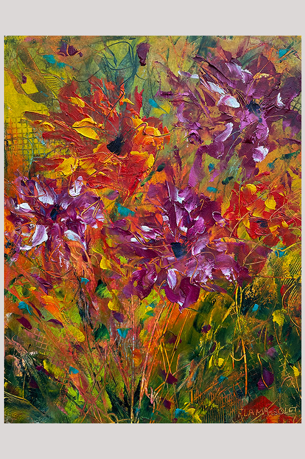 Original mixed media abstract floral painting done with oil and cold wax on oil paper - Dahlia Dance