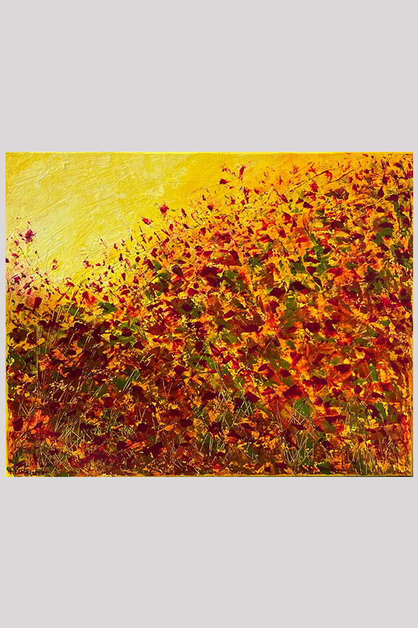 Original abstract floral landscape painting of meadows in rich and warm colors of yellows, green, red  and magenta done on stretched canvas size 20 x 16 - Dance In The Meadows