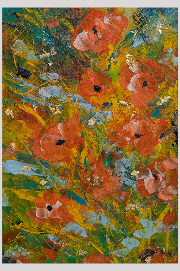 Original colorful abstract expressionism floral artwork hand painted with oil and cold wax on oi paper size  5 x 7 inch and mounted in a mat size 10 x 8 inch - Delice