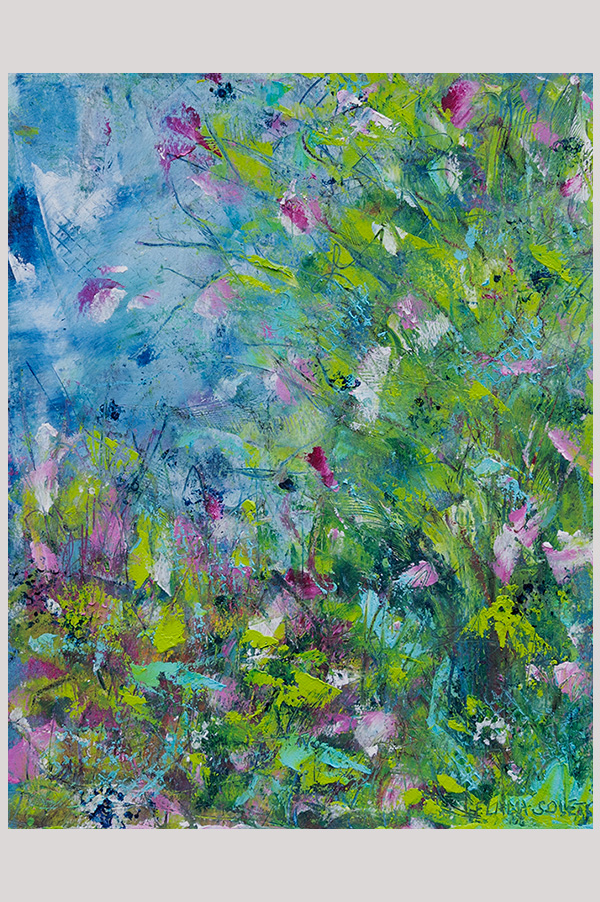 Original mixed media abstract landscape and floral painting done with oil and cold wax on oil paper - A Delightful Day #2