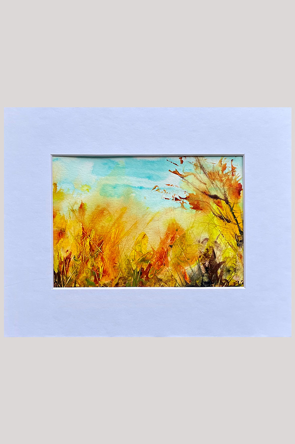 Small original abstract landscape art size 4.5 x 6.5 inch inspired by the beautiful shades of the fall season and painted on watercolor paper and mounted in a mat - Delightful Fall