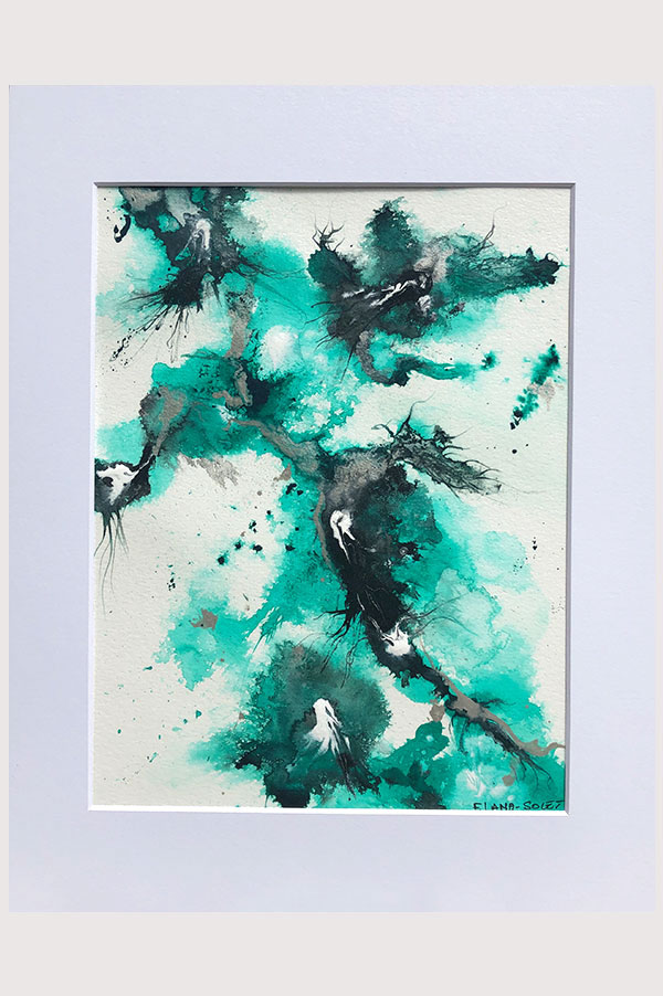 Relaxing mint green and black original abstract wall art painting done on watercolor paper  and mounted on white board size 11 x 14 - Dream