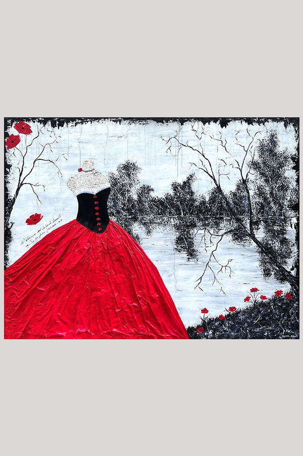 Black, white and red original mixed media modern abstract painting on stretched canvas representing a black and red dress on a dress form and red poppy flowers and a lake scenery - Elegance At The Lake