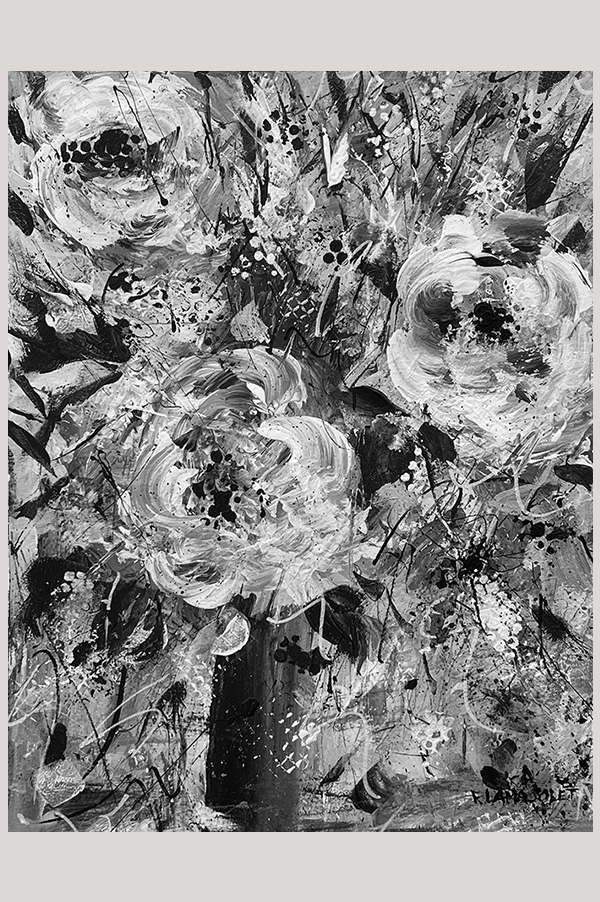 Original impressionist painting of a monochromatic black and white bouquet of flowers in a vase hand painted with acrylics on watercolor paper size  8.25 x 10.75 inch and mounted in a mat size 11 x 14 inch - Essence of Winter