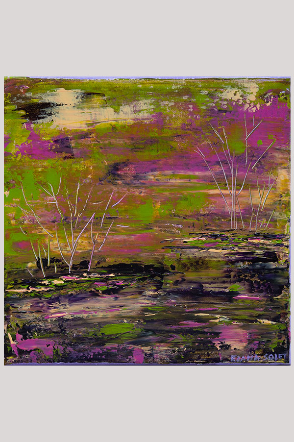Original acrylic abstract painting on stretched canvas size 10 x 10 inches featuring a colorful contemporary landscape artwork in the shades purple, hot pink, green and naples yellow - Evening Walk