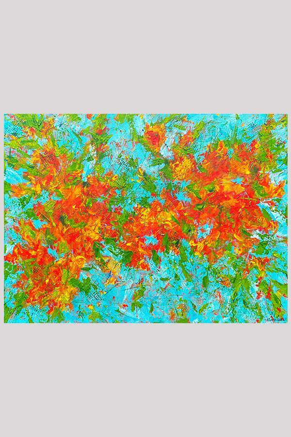 Original colorful abstract floral painting in different shades of turquoise, teal, green, yellow and orange hand painted on gallery wrapped canvas size 24 inches x 18 inches - Explosion of Joy