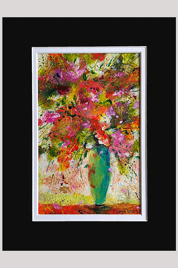 Original colorful abstract flowers in a vase acrylic painting on watercolor paper size  6 x 9 inch and mounted in a mat size 9 x 12 inch - Extravaganza