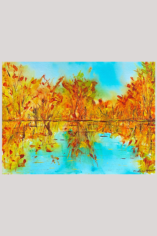 Small original abstract landscape painting of fall trees reflecting in water painted on canvas panel size 12 x 9 inch - Fall Reflection