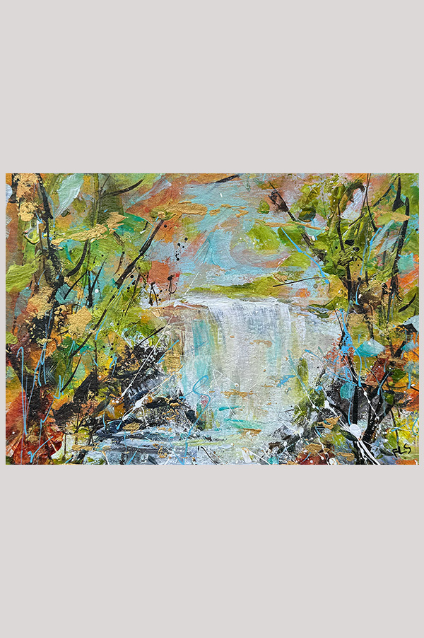 Original colorful loose impressionist landscape painting of a waterfall in the forest in the fall season hand painted with acrylics on watercolor paper size  7 x 5 inch and mounted in a mat size 10 x 8 inch - Waterfall in the Fall #1