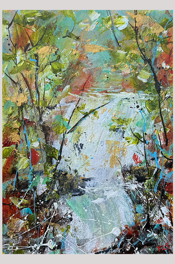 Original colorful loose impressionist landscape painting of a waterfall in the forest in the fall season hand painted with acrylics on watercolor paper size  7 x 5 inch and mounted in a mat size 10 x 8 inch - Waterfall in the Fall #2