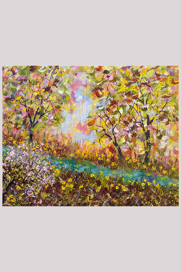Original abstract landscape painting of a creek in the forest and daffodils on canvas size 20 x 16 inch - It Feels Like Spring!